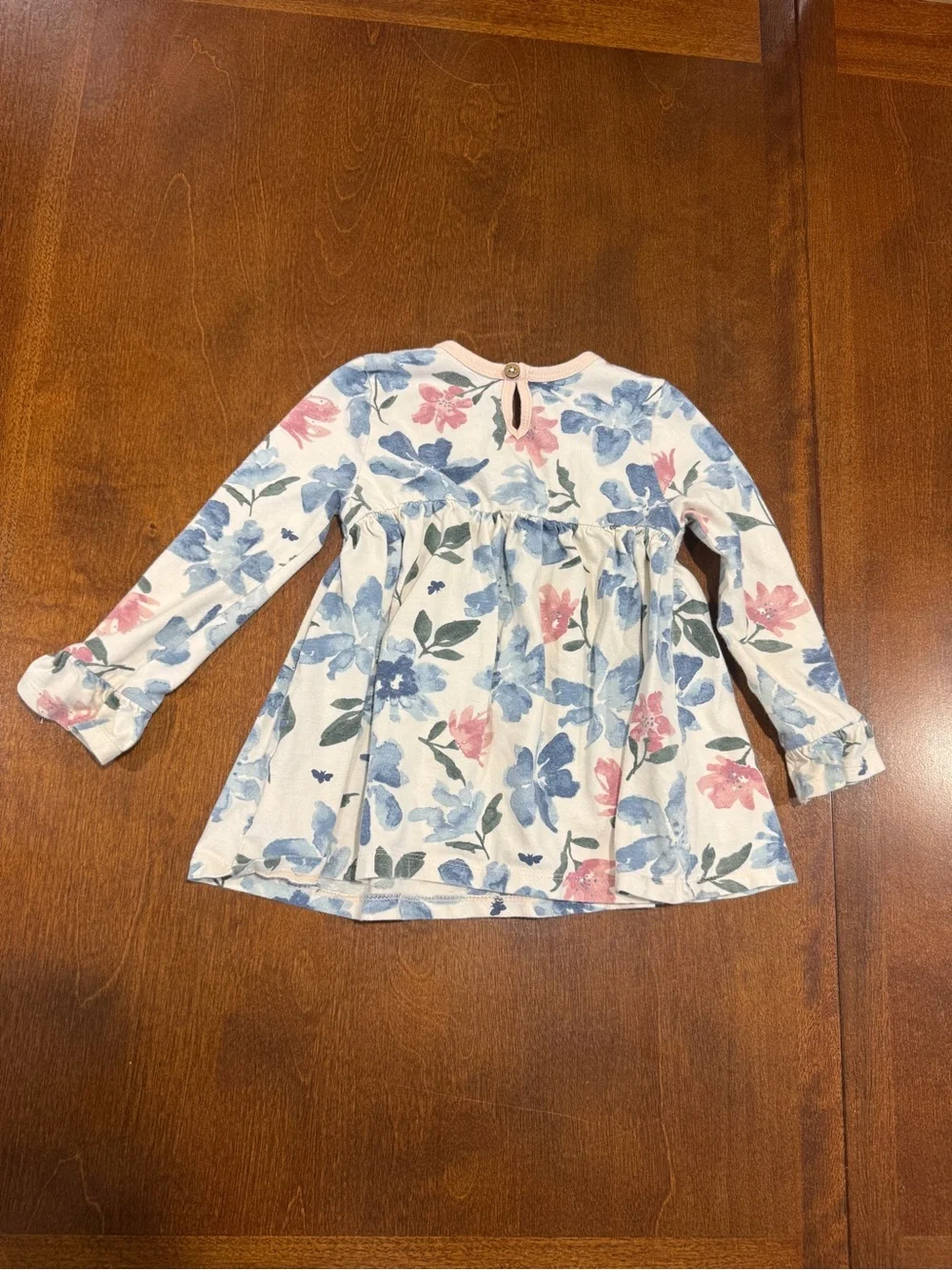 Burt's Bees Baby Floral Long Sleeve Shirt Dress in White, Blue & Pink